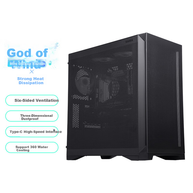 SAMA Fengzhi Shen Mini Deluxe Edition, чорний, корпус для настільного комп'ютера, тристороння вентиляційна сітка, стандартний порт Type-C, підтримує водяне охолодження 360°, 8 позицій вентилятора, тристоронній захист від пилу - изображение 4