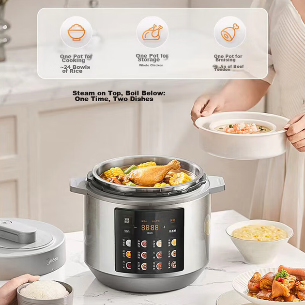Електрична скороварка Midea з 0-покриттям, товстостенна, з нержавіючої сталі, 6 л, багатофункціональна, для приготування на пару та приготування високого тиску, для 6-8 осіб, розумне резервування, рисоварка з відкритою кришкою, гаряча, MY-E60 - изображение 6