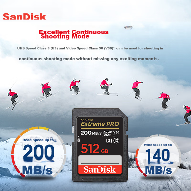 Карта пам'яті SanDisk SD 512 ГБ, 4K V30 U3 C10, карта пам'яті для камери, швидкість читання 200 МБ/с, швидкість запису 140 МБ/с, карта пам'яті для бездзеркальних/дзеркальних камер - Фото 6 Карта пам'яті SanDisk SD 512 ГБ, 4K V30 U3 C10, карта пам'яті для камери, швидкість читання 200 МБ/с, швидкість запису 140 МБ/с, карта пам'яті для бездзеркальних/дзеркальних камер - изображение 6