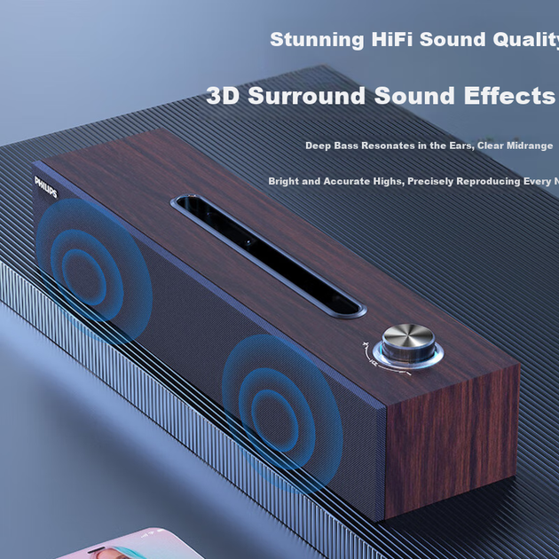 PHILIPS SPA3808 Bluetooth-колонка для комп'ютера, звукова система, настільний USB-порт, ноутбук, Bluetooth-мультимедійний домашній сабвуфер, підставка для телефону, багатофункціональна колонка коричневого кольору з дерев'яним малюнком - изображение 6