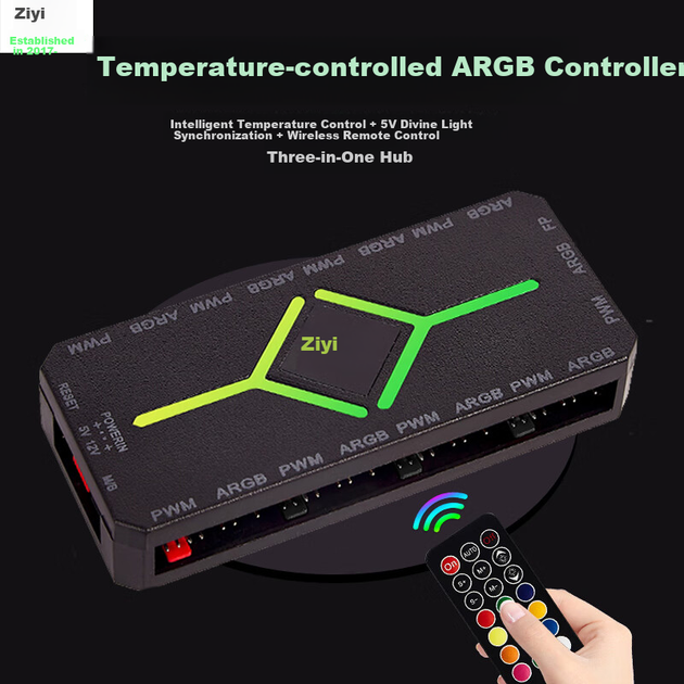 Ziyi ARGB Lighting Sync Hub, 5V 3-Pin Black (с пультом дистанционного управления/ШИМ-регулированием температуры/магнитным креплением), ZY-608 - зображення 4