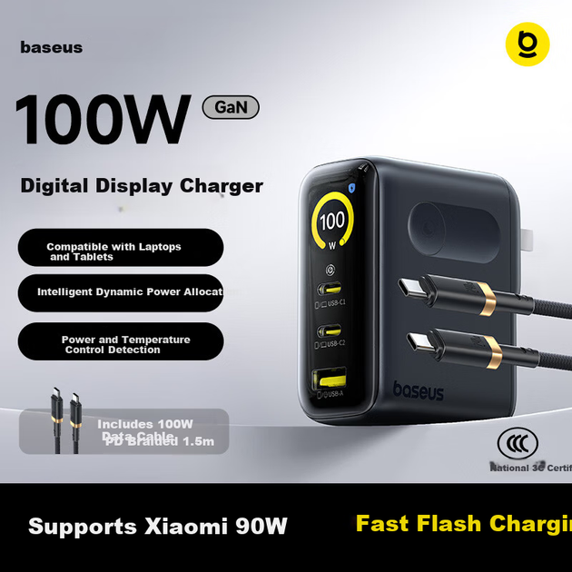 Зарядний пристрій Baseus 100W GaN з екраном, багатопортовий зарядний пристрій Type-C для ноутбука, планшета Apple iPhone 17 серії Xiaomi 90W, чорний, штекер - изображение 2