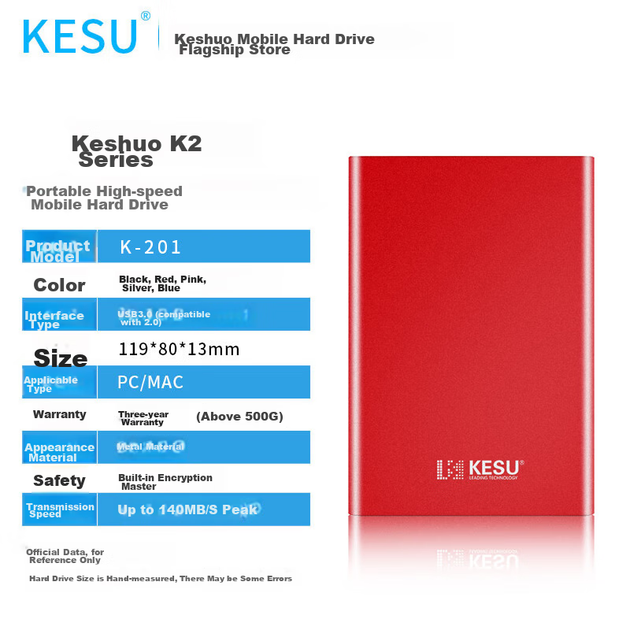 Портативний жорсткий диск KESU 500 ГБ, механічна флешка великої ємності, USB 3.0, K201, 2,5 дюйма, яскраво-червоний колір, для зберігання файлів і фотографій, резервного копіювання, великий обсяг пам'яті. - зображення 8