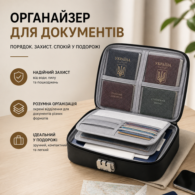 Органайзер-кейс для документів з кодовим замком 35×26×11 см, сумка для зберігання документів, паспортів і цінних речей - Фото 2 Органайзер-кейс для документів з кодовим замком 35×26×11 см, сумка для зберігання документів, паспортів і цінних речей - изображение 2