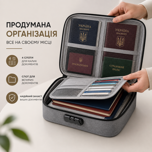 Органайзер-кейс для документів з кодовим замком 35×26×11 см, сумка для зберігання документів, паспортів і цінних речей - Фото 7 Органайзер-кейс для документів з кодовим замком 35×26×11 см, сумка для зберігання документів, паспортів і цінних речей - изображение 7