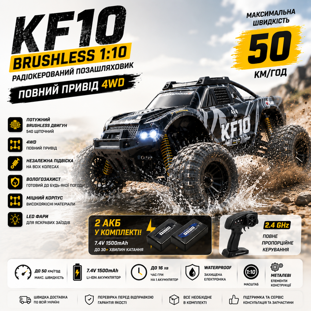 Машинка на радиоуправлении KF10 Brushless 1:10 – бесщеточный 4WD джип до 50 км/ч 4x4 Профессиональная машинка - изображение 9