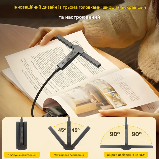 Премиум лампа для чтения книг 51Led на аккумуляторе. Трехголовая лампа с сенсорным управлением - изображение 9