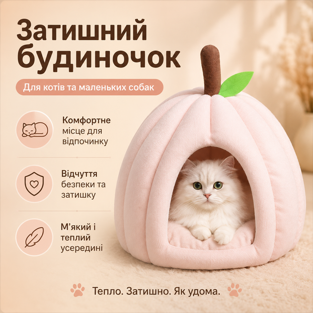 Мягкий домик-гарбуз для котов и маленьких собак 36×30 см, розовая лежанка с подушкой - изображение 4