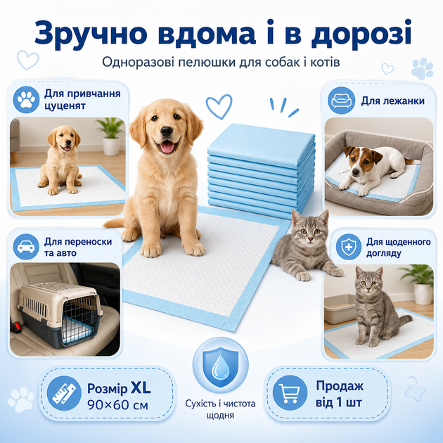 Одноразова пелюшка для собак і котів XL 90×60 см, вбираюча пелюшка для тварин - Фото 4 Одноразова пелюшка для собак і котів XL 90×60 см, вбираюча пелюшка для тварин - зображення 4
