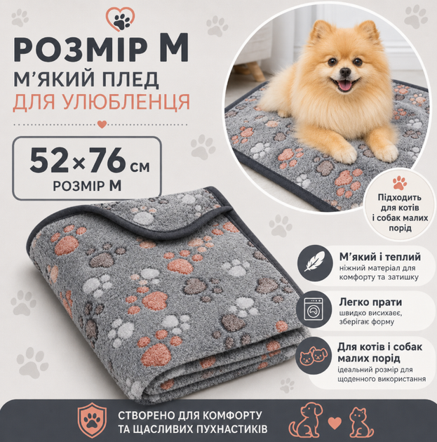Плед для котів і собак малих порід М 52×76 см, м'який плюшевий, синій - зображення 2