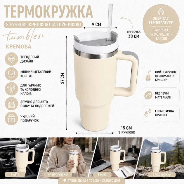 Термос термокружка Tumbler с ручкой, крышкой и трубочкой 30 см, Кремовый айвори - изображение 2