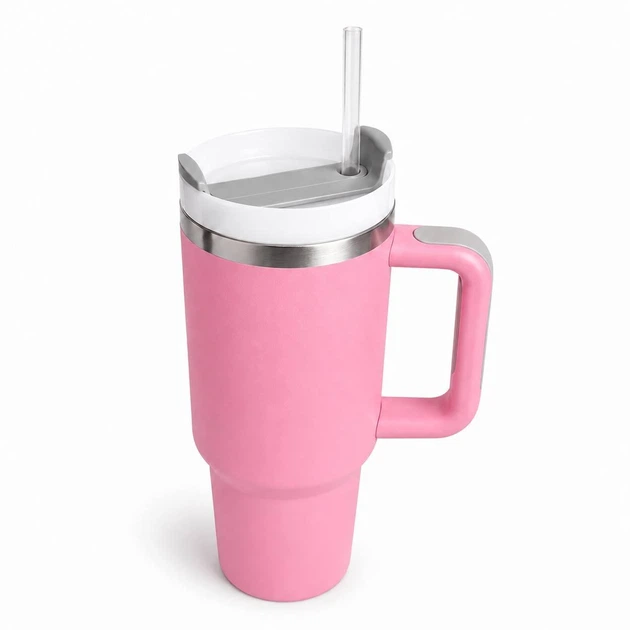 Термокухоль Tumbler з ручкою та кришкою, трубочка 30 см, термос для кави, чаю та холодних напоїв Рожевий - зображення 5
