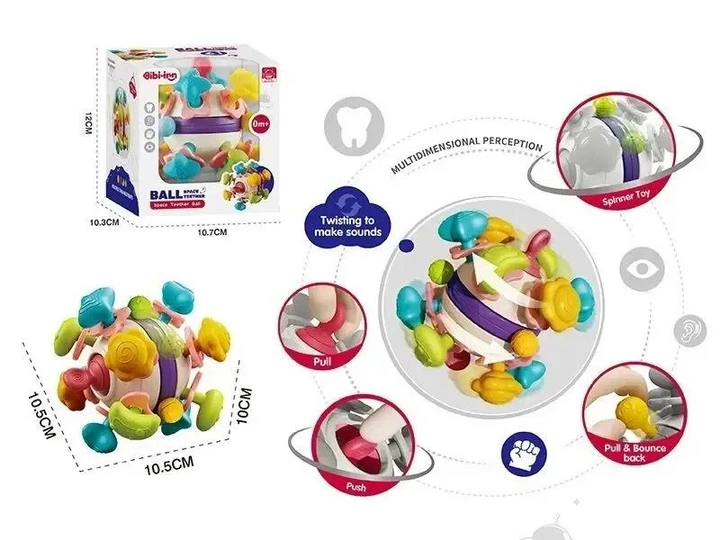 Развивающая погремушка Space Teether Ball с фигурками планет и пальчиковыми играми 11 см со спиннером и прорезывателем 6034 - Фото 5 Развивающая погремушка Space Teether Ball с фигурками планет и пальчиковыми играми 11 см со спиннером и прорезывателем 6034 - изображение 5