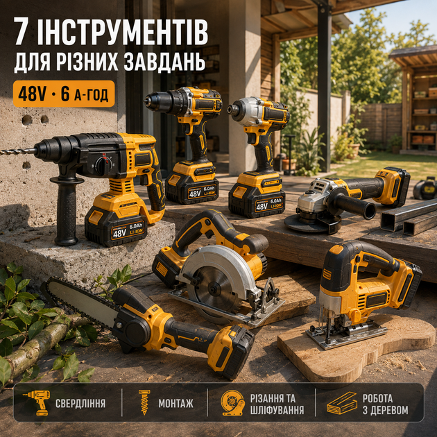 Комплект электроинструментов аккумуляторный 7в1 набор для дома ремонта строительства сада шуруповерт гайковерт перфоратор УШМ лобзик циркулярная цепная пила 48 В 6 Ач без щеточный 850 Нм SDS Plus 125 мм 3 АКБ зарядка кейс - изображение 3