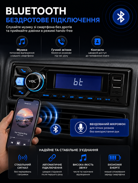 Автомагнитола 1 DIN автомобильная магнитола в машину с Bluetooth USB AUX microSD пультом FM радио 50 Вт эквалайзером для авто - изображение 2