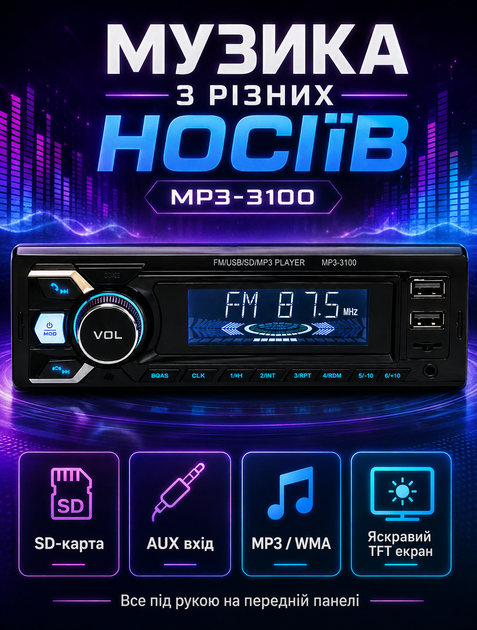 Автомагнитола 1 DIN автомобильная магнитола в машину с Bluetooth USB AUX microSD пультом FM радио 50 Вт эквалайзером для авто - изображение 5