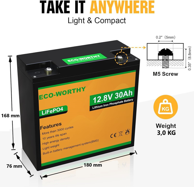 Аккумуляторная батарея ECO-WORTHY LiFePO4 12V 30Ah 384Wh литий-железо-фосфатная с BMS 3000+ циклов для солнечных систем ИБП кемпинга и электротранспорта - Фото 4 Аккумуляторная батарея ECO-WORTHY LiFePO4 12V 30Ah 384Wh литий-железо-фосфатная с BMS 3000+ циклов для солнечных систем ИБП кемпинга и электротранспорта - изображение 4