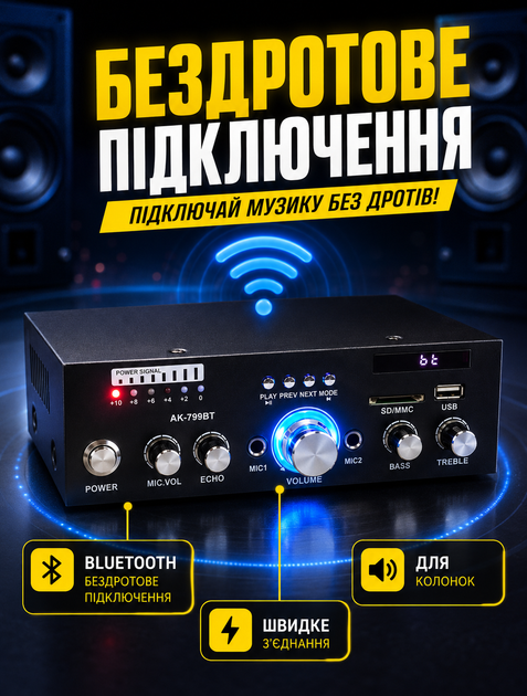 Аудіо підсилювач AMP з Bluetooth 5.0 для бездротового підключення, FM-радіо та 2-канальним виходом 25 Вт - зображення 2