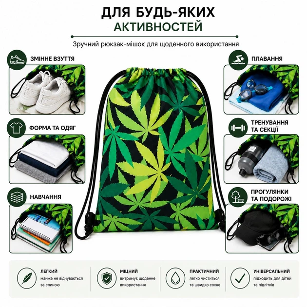 Рюкзак-мешок на завязках для сменной обуви и спортивной формы 42×33 см 100% полиэстер зеленый принт IV-00162M - изображение 3