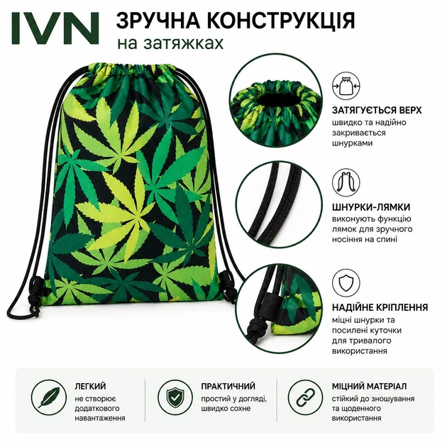 Рюкзак-мешок на завязках для сменной обуви и спортивной формы 42×33 см 100% полиэстер зеленый принт IV-00162M - изображение 4