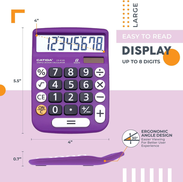 Настольный калькулятор CATIGA 8-значный, большой LCD-дисплей, солнечная батарея и батарейка, большие кнопки, для офиса, школы, дом - изображение 3
