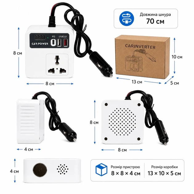 Автоінвертор Car Power 100 Вт для 12/24, вихід 110/220, розетка, USB, USB 3.0, Type-C PD, дисплей - зображення 5