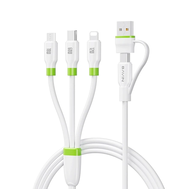 Кабель BAVIN U-CB412-5IN1 SUPER FAST CHARGING 60W Type-C/Type-C/USB-A/Micro-USB/Lightning 1.2M White - Фото 1 Кабель BAVIN U-CB412-5IN1 SUPER FAST CHARGING 60W Type-C/Type-C/USB-A/Micro-USB/Lightning 1.2M White - изображение 1