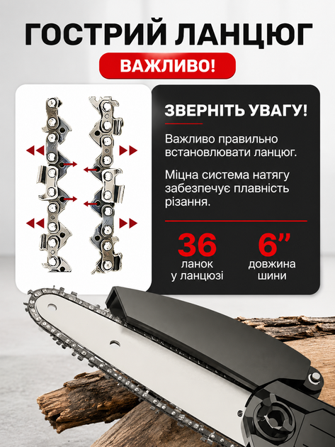 Акумуляторна міні-пила 6" 48 В з 2 АКБ, ланцюгова електропила з кейсом, садова пила для обрізки гілок та дерев - изображение 3