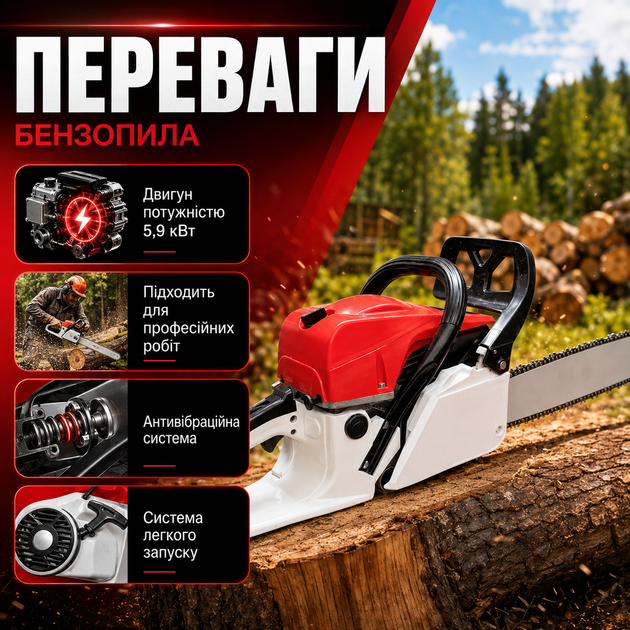 Бензопила Garden Tools BX-5200 Професійна ланцюгова пила для колод Моторний інструмент для валки дерев Садова техніка для заготівлі дров - зображення 2