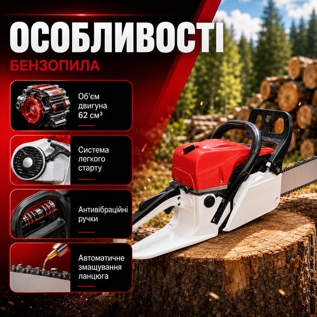 Бензопила Garden Tools BX-5200 Професійна ланцюгова пила для колод Моторний інструмент для валки дерев Садова техніка для заготівлі дров - зображення 3