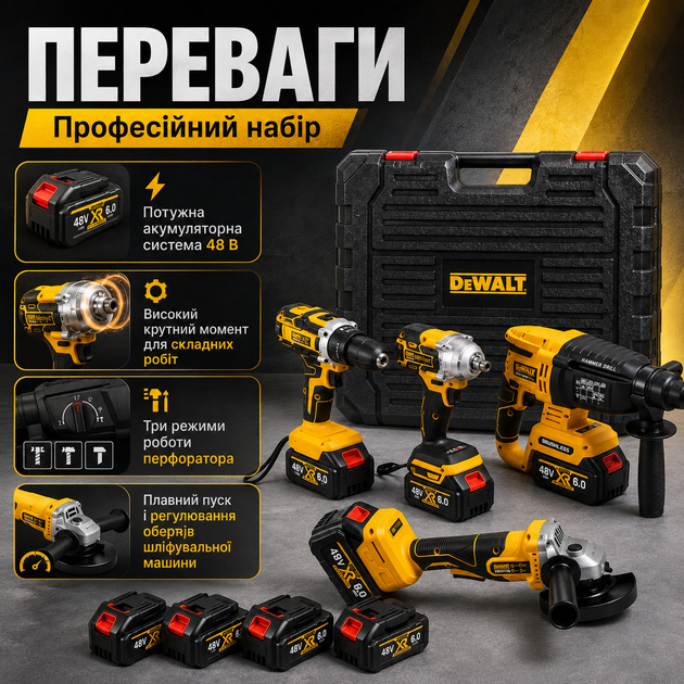 Набор аккумуляторных инструментов DeWalt Профессиональный комплект электроинструмента для строительства Шуруповерт с перфоратором Угловая шлифмашина и гайковерт - изображение 2