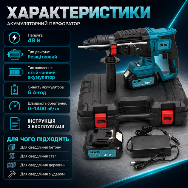 Профессиональный аккумуляторный перфоратор DUK DHR222 Бесщеточный инструмент SDS-Plus для бетона Ударная дрель по древесине и стали Электропневматический молоток для долбления - изображение 4