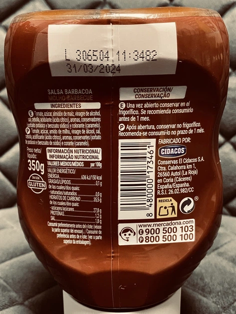 Соус Hacendado BBQ Salsa Barbacoa без глютена 350 г - Фото 2 Соус Hacendado BBQ Salsa Barbacoa без глютена 350 г - изображение 2