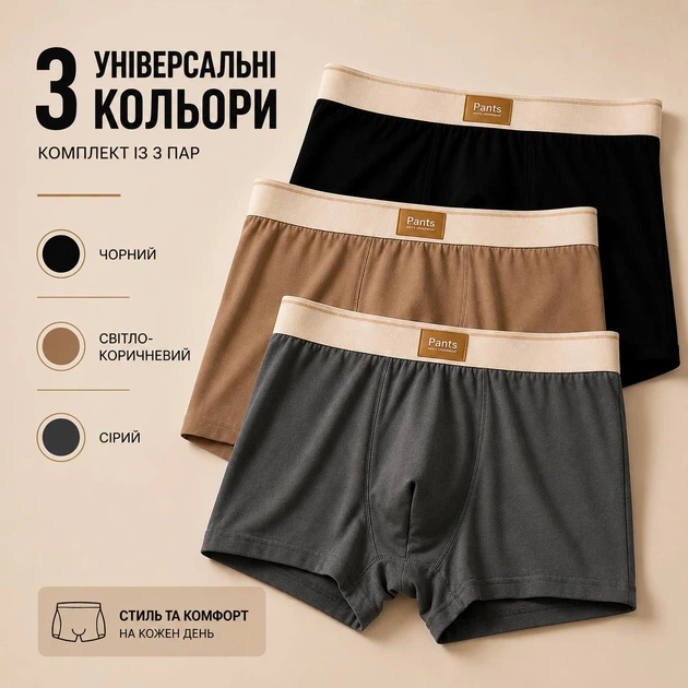 Мужские трусы боксеры анатомические набор 3 шт мягкие эластичные дышащие черный серый светло коричневый XXL - изображение 2