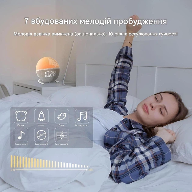 Световой будильник с восходом солнца AFEXOA, RGB ночник, 7 мелодий, 9 цветов, таймер сна и повтор. - Уценка - изображение 3