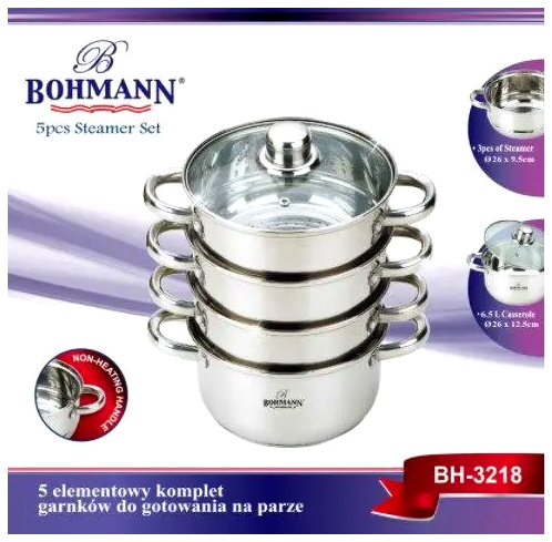 Пароварка 3 яруси 6.5 л для кухні неіржавка сталь Bohmann MC-0450 - зображення 4