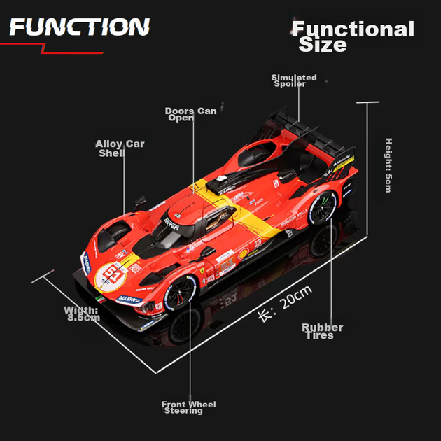 Масштабна модель автомобіля Ferrari 499P чемпіона Ле-Мана Bimeigao 1:24, легкосплавна іграшка для хлопчиків, новорічний подарунок - зображення 3