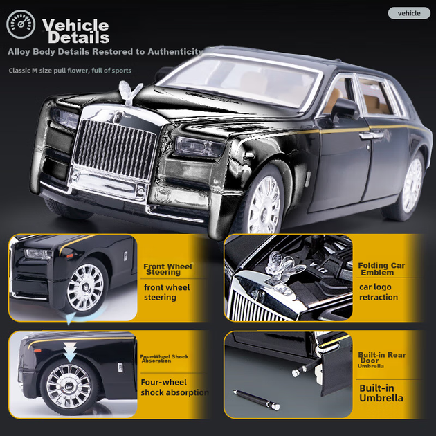 Дитяча іграшкова модель автомобіля Rolls-Royce Phantom від Chiyu Toys, реалістична модель зі сплаву, подарунок для хлопчиків. - зображення 9