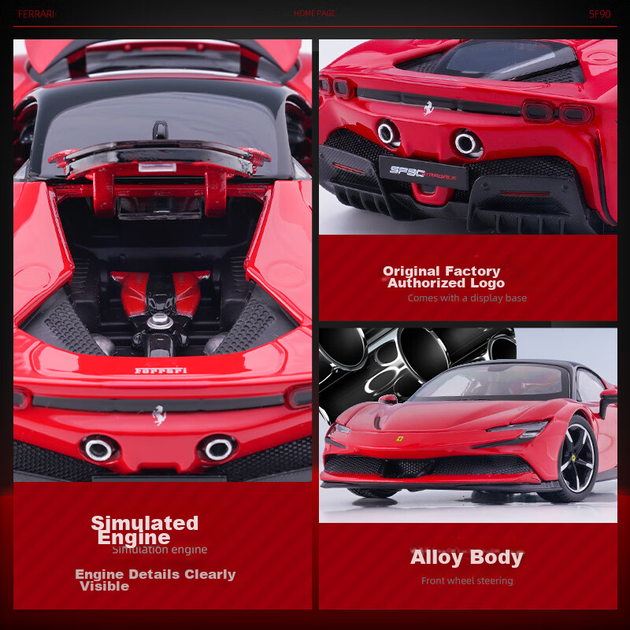 Bimeigao 1:24 Ferrari Модель SF90 сплаву іграшковий автомобіль гоночна симуляційна модель подарунок для хлопчика - зображення 13