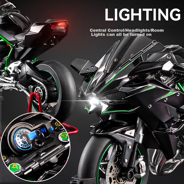 Chiyumoxing 1:6 Kawasaki H2R Модель мотоцикла, електричний спрей для вихлопних газів Модель автомобіля зі сплаву іграшка, подарунок для хлопчиків - изображение 4