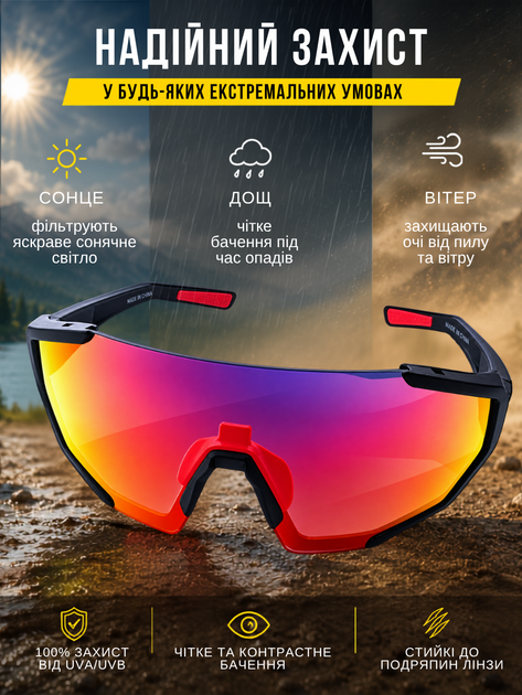 Спортивные очки велоочки для велосипеда фотохромные UV400 панорамные антибликовые с 2 сменными линзами желтой затемненной для спорта бега велоспорта туризма защита от солнца ветра пыли легкие поликарбонатные с ремешком жестким кейсом черные - изображение 6