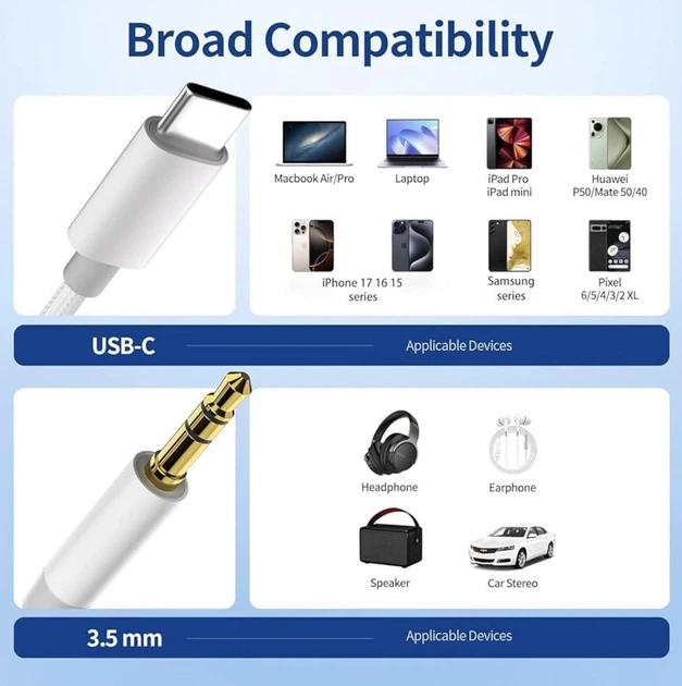 Кабель AUX USB Type-C - 3,5 мм, аудиоадаптер USB-C на AUX для iPhone 17/16/15 Pro Max, Samsung S26/S25/S24 Ultra, Google Pixel - Фото 7 Кабель AUX USB Type-C - 3,5 мм, аудиоадаптер USB-C на AUX для iPhone 17/16/15 Pro Max, Samsung S26/S25/S24 Ultra, Google Pixel - изображение 7