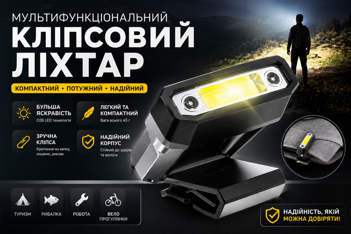 Кліпсовий LED ліхтар на кепку COB — компактний потужний ліхтарик для риболовлі, туризму та роботи - Фото 1 Кліпсовий LED ліхтар на кепку COB — компактний потужний ліхтарик для риболовлі, туризму та роботи - зображення 1