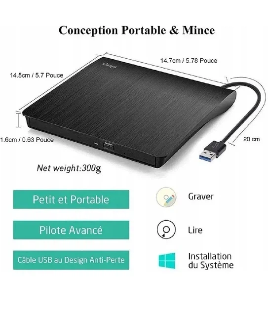 Зовнішній записувальний CD/DVD привід COCOPA BT638 — USB 3.0 дисковод для ноутбука і ПК, портативний DVD-RW - изображение 3