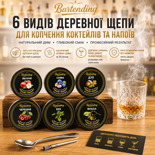 Набір для копчення напоїв Bartending Premium, 6 видів тріски + камені для віскі + турбо-запальничка у подарунковій коробці - зображення 13