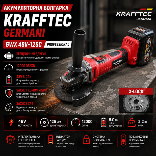 Аккумуляторная болгарка Krafftec Germani GWX 48V-125C угловая шлифмашина 125 мм профессиональная для дома работы ремонта резки и шлифования металла бетона древесины - Фото 1 Аккумуляторная болгарка Krafftec Germani GWX 48V-125C угловая шлифмашина 125 мм профессиональная для дома работы ремонта резки и шлифования металла бетона древесины - изображение 1