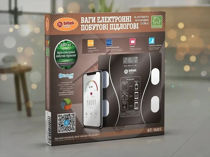 Напольные электронные весы BITEK BT-1605 смарт весы с LED-дисплеем, Bluetooth, стеклянной платформой до 180 кг Черные (О155) - изображение 6