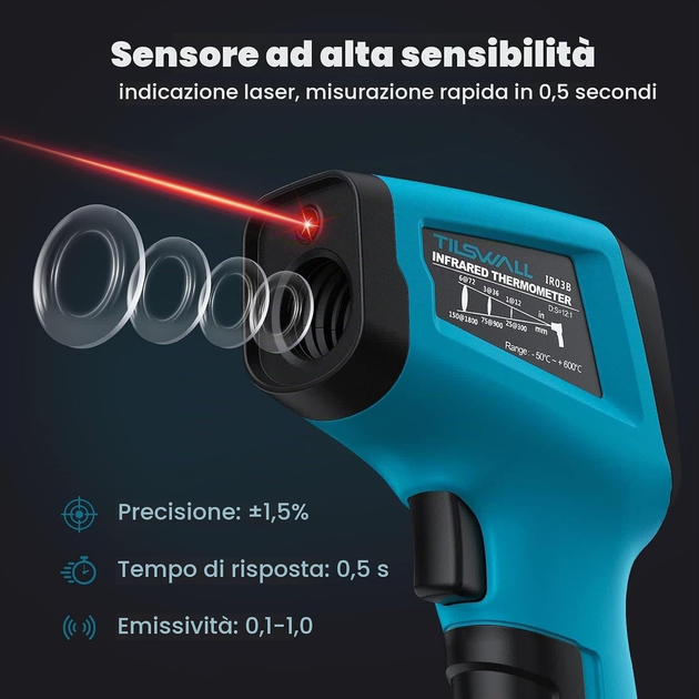 Инфракрасный пирометр Tilswall W301 -50…+600°C, лазерный термометр 12:1, LCD, регулируемая эмиссия - изображение 2