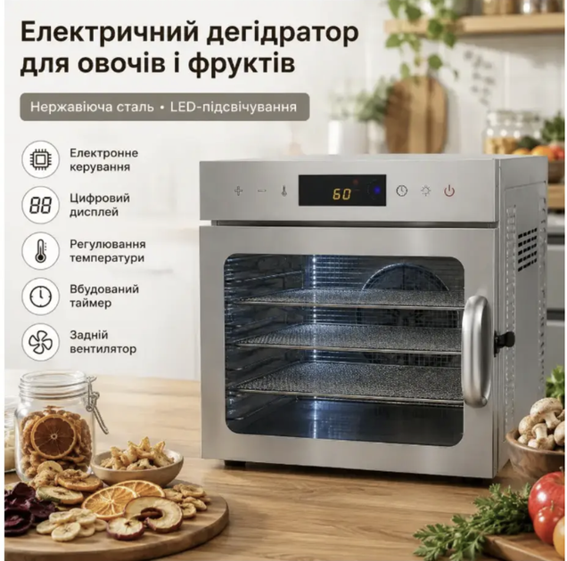 Сушарка для овочів і фруктів з металевим корпусом і цифровим керуванням Дегідратор для сушіння продуктів - изображение 2