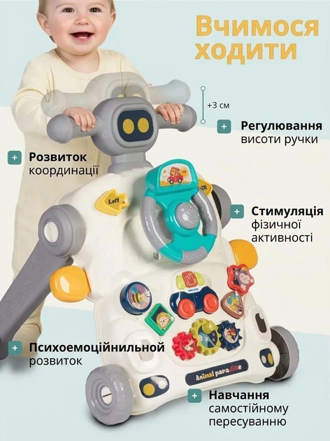 Дитячі ходунки-штовхач 3 в 1 (ігровий столик, музична машинка, кермо, сортер) - зображення 2